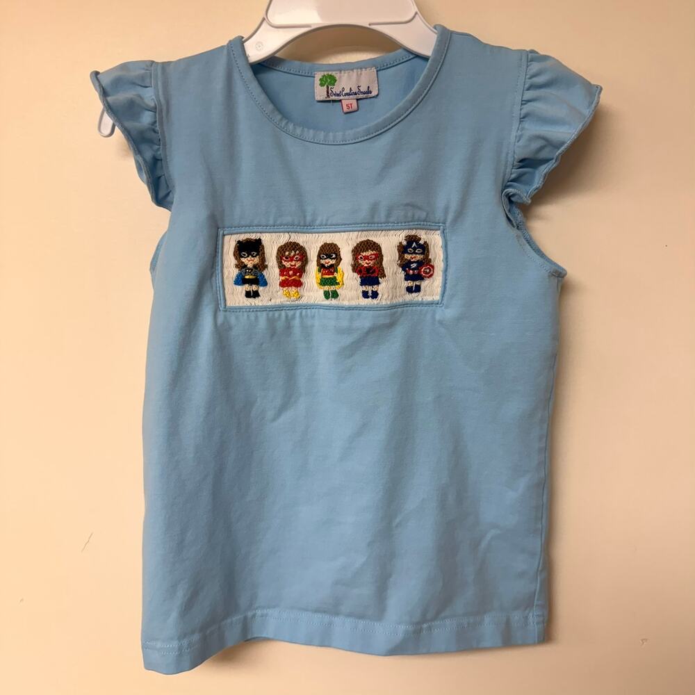 Smocked Girl Superhero Flutter Sleeve Shirt Size 5T Girl Power Blue